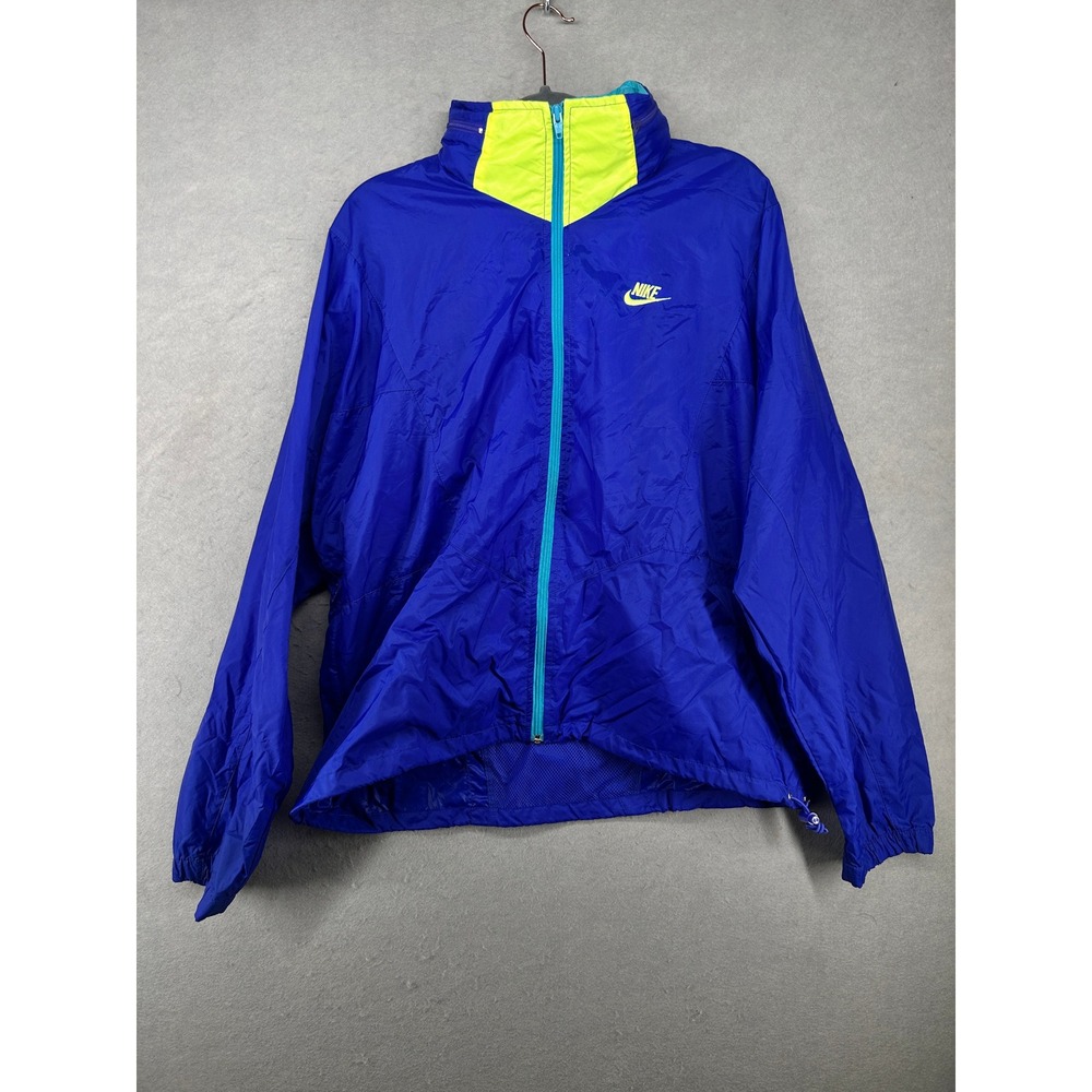Vintage Nike Windbreaker Jacket Y2k Blue Neon Yellow Teal Full Zip Hooded Large